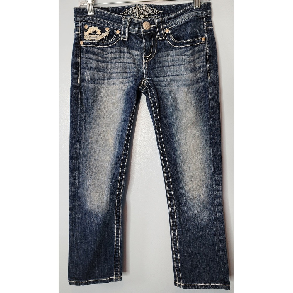 Maurices Premium Crop Jeans 28 1/2 Capri Embroidered Bling Distressed Y2K